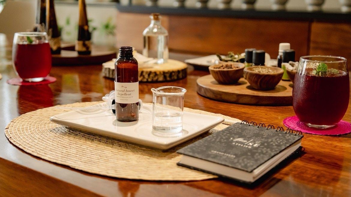 glass and spa essentials on a table